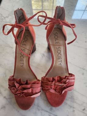 Sole Society Coral Ruffle Ankle-Tie Block "3 1/4" Heel Sandals